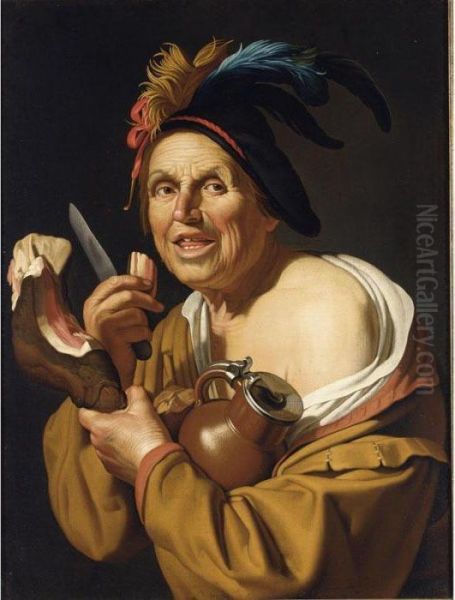 A Man Eating Ham And Holding A Jug Oil Painting by Gerrit Van Honthorst