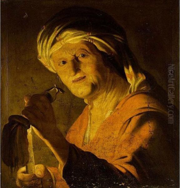 Old Woman Holding A Candle And An Empty Purse Oil Painting by Gerrit Van Honthorst