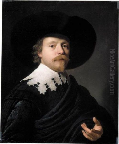 Portrait Of A Gentleman, Bust 
Length, Wearing A Black Coat, Cloak And Hat, And A White Ruff Oil Painting by Gerrit Van Honthorst