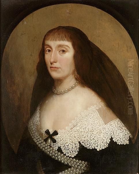 Portrait Of Elizabeth Stuart, 
Queen Of Bohemia, Half-length, In A Black Dress With A White Lace Collar
 And Pearls, And A Black Headdress Oil Painting by Gerrit Van Honthorst