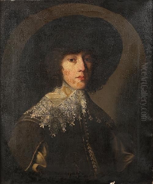 Portrait Of Rupert, Prince 
Palatine, Half-length, In A Black Slashed Doublet With A Lace Collar And
 A Black Hat Oil Painting by Gerrit Van Honthorst