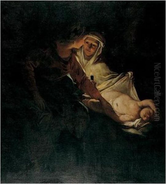 A Woman And Her Maidservant With A Sleeping Child By Candlelight Oil Painting by Gerrit Van Honthorst