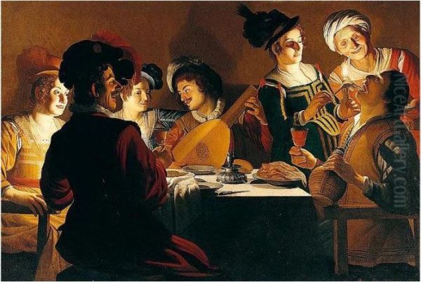 Merry Company With A Lute Player Oil Painting by Gerrit Van Honthorst