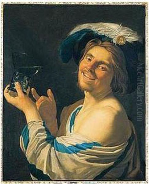 A Merry Toper Holding A Wine Glass Oil Painting by Gerrit Van Honthorst