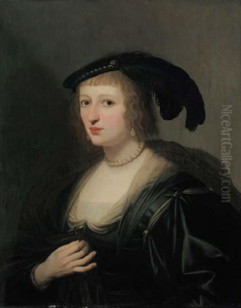 Portrait Of Ursula Van Solms, 
Half-length, In A Black Dress Andfeathered Hat, Her Crucifix In Her 
Right Hand Oil Painting by Gerrit Van Honthorst