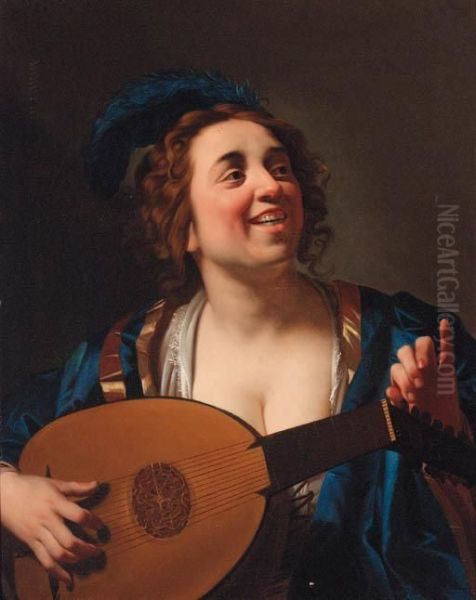 A Woman Playing The Lute Oil Painting by Gerrit Van Honthorst