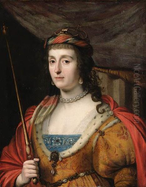 Portrait Of Elizabeth, Queen Of 
Bohemia, Half-length, In A Gold-embroidered Dress With Ermine Lining, A 
Red Cape And Holding Asceptre Oil Painting by Gerrit Van Honthorst