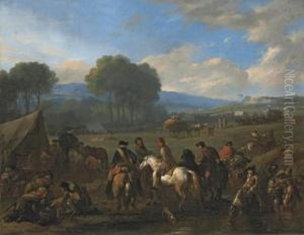 Soldiers And Horsemen Resting In A Military Encampment, In A Woodedvalley Oil Painting by Jan von Huchtenburgh