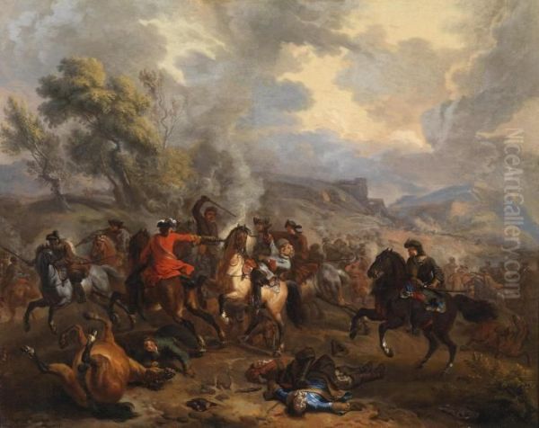 A Cavalry Engagement From The Time Of Thewar Of The Spanish Secession Oil Painting by Jan von Huchtenburgh