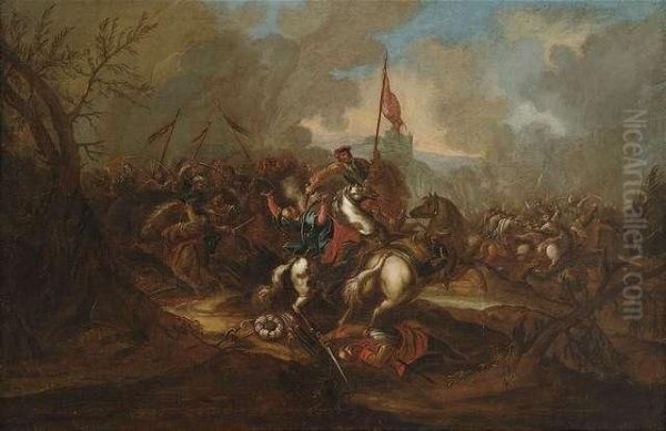 Two Cavalry Skirmishes. Oil Painting by Jan von Huchtenburgh