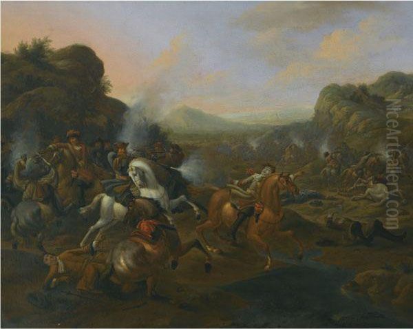 A Cavalry Battle Scene Oil Painting by Jan von Huchtenburgh