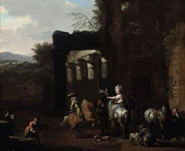 A Hunting Party At Rest Beside Classical Ruins Oil Painting by Jan von Huchtenburgh