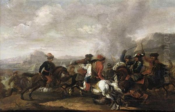 A Cavalry Engagement Oil Painting by Jan von Huchtenburgh