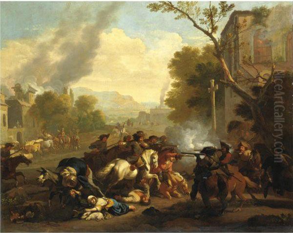 Scena Di Battaglia In Un Villaggio Oil Painting by Jan von Huchtenburgh