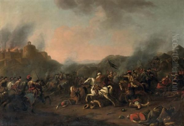 A Cavalry Skirmish Oil Painting by Jan von Huchtenburgh