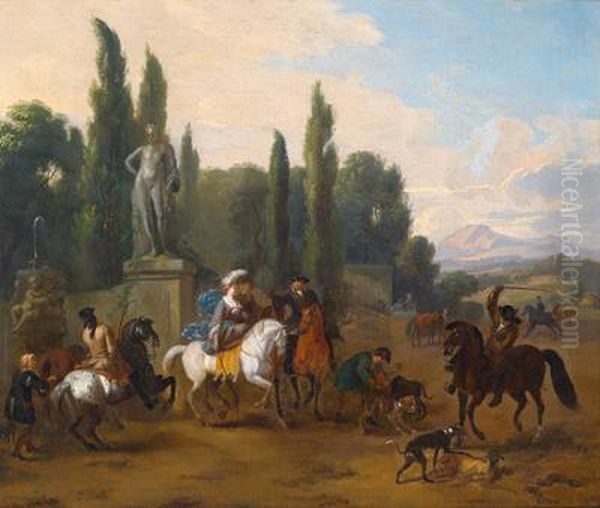 Eine Jagdgesellschaft Vor Einem Brunnen Oil Painting by Jan von Huchtenburgh