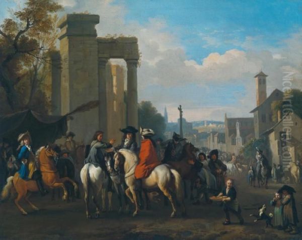 Cavalieri In Sosta In Una Citta Italiana Oil Painting by Jan von Huchtenburgh