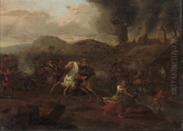 A Skirmish Between Cavalry And Infantry Oil Painting by Jan von Huchtenburgh