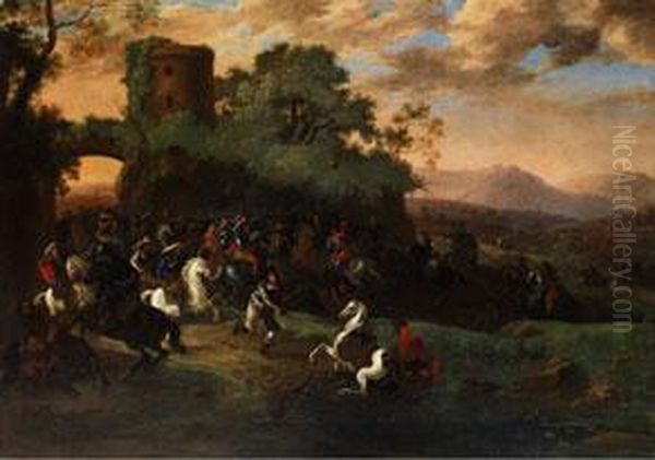 Reitergefecht In Landschaft Mit Vom Pferd Gesturztem Hauptmann Oil Painting by Jan von Huchtenburgh