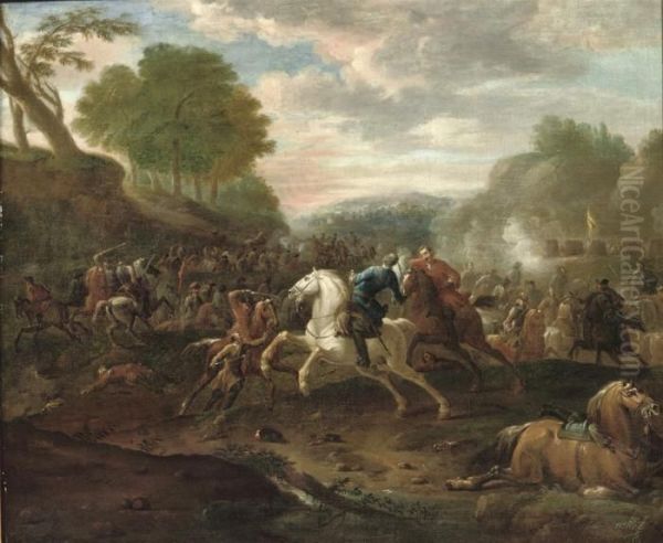 A Cavalry Skirmish In A Hilly Landscape Oil Painting by Jan von Huchtenburgh