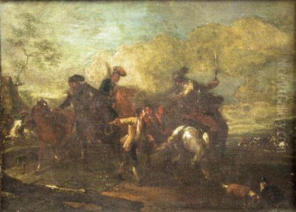 Horsemen And Other Figures In An Open Landscape Oil Painting by Jan von Huchtenburgh