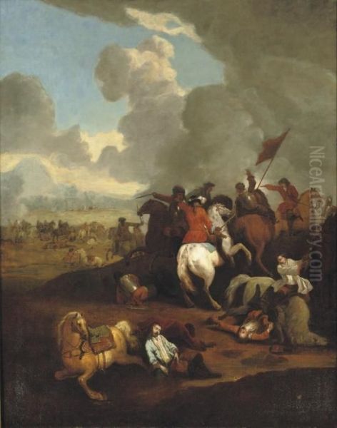 A Cavalry Skirmish In An Extensive Hilly Landscape Oil Painting by Jan von Huchtenburgh