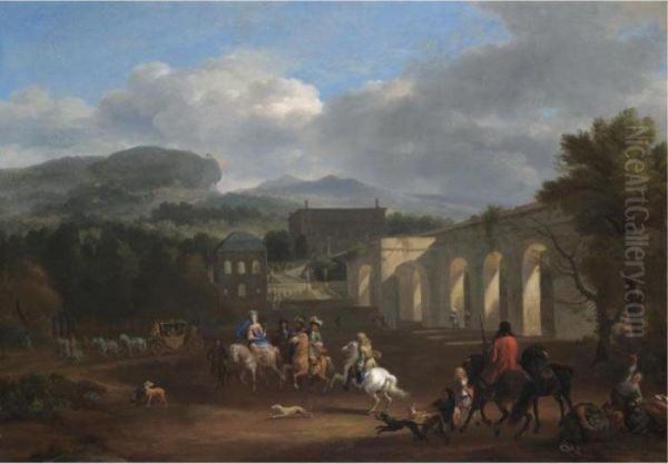 A Landscape With A Hunting Party In The Foreground Oil Painting by Jan von Huchtenburgh