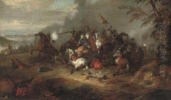 A Cavalry Skirmish Oil Painting by Jan von Huchtenburgh