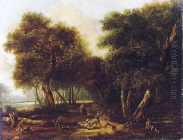 A Stag Hunt In A Wooded Landscape Oil Painting by Jan von Huchtenburgh