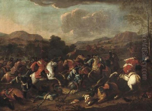 A Cavalry Skirmish In An 
Extensive River Landscape, Said To Be Prince Eugene De Savoy At The 
Battle Of Blenheim Oil Painting by Jan von Huchtenburgh