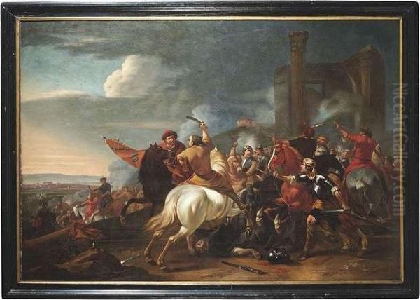 A Cavalry Skirmish Next To Roman Ruins. Oil/canvas/canvas Oil Painting by Jan von Huchtenburgh