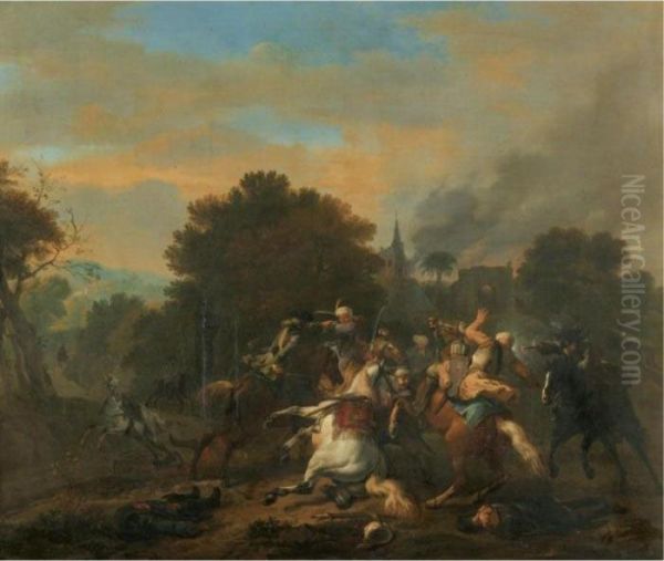 A Cavalry Skirmish Between Turks And Christians In A Wooded Landscape Oil Painting by Jan von Huchtenburgh