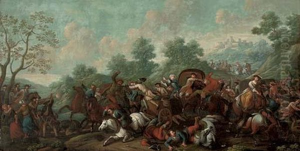 A Convoy Being Attacked By Brigands On A Mountain Pass Oil Painting by Jan von Huchtenburgh