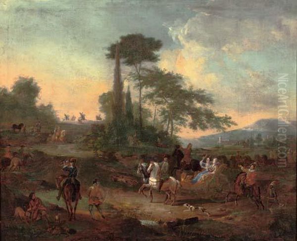 A Falconry Hunt In A Wooded Landscape With An Elegant Party In A Horse-drawn Carriage Oil Painting by Jan von Huchtenburgh