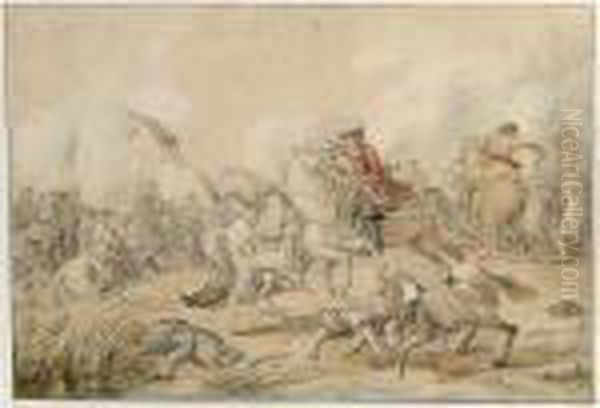 Cavalry In Battle, With A Fallen Horse And Soldier In The Foreground Oil Painting by Jan von Huchtenburgh