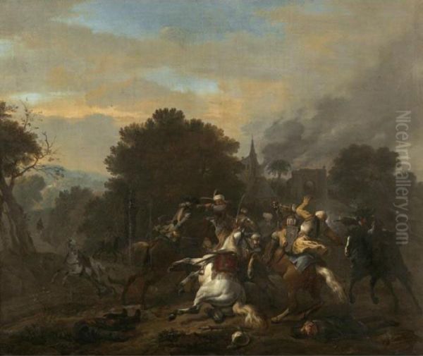 A Cavalry Skirmish Between Turks And Christians In A Wooded Landscape Oil Painting by Jan von Huchtenburgh