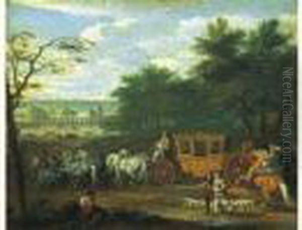 Louis Xiv Arrivant Au Chateau, Probablement De Vincennes Oil Painting by Jan von Huchtenburgh