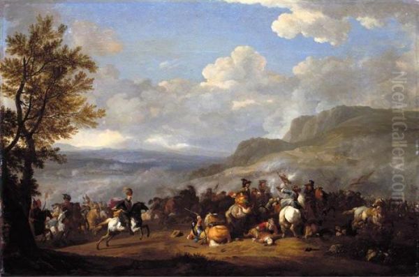 A Cavalry Skirmish In An Extensive Landscape Oil Painting by Jan von Huchtenburgh