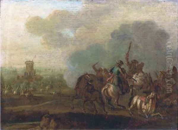 A Cavalry Skirmish, A Fortress Beyond Oil Painting by Jan von Huchtenburgh