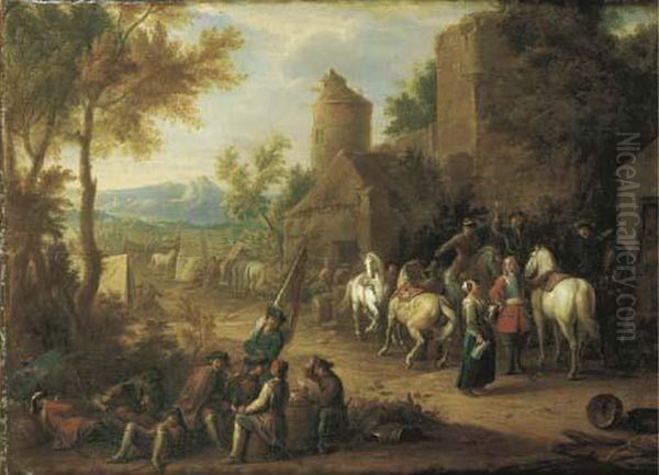 Sosta Di Cavalieri E Soldati Presso Un Casolare Oil Painting by Jan von Huchtenburgh