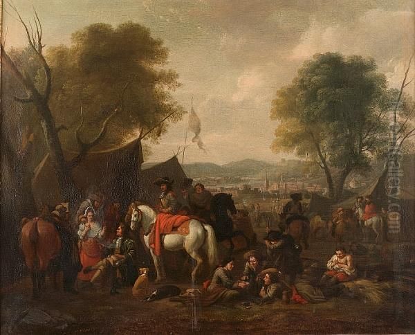 Soldiers And Horsemen Resting In A Military Encampment Oil Painting by Jan von Huchtenburgh