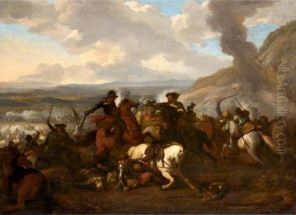 A Cavalry Engagment In A Landscape Oil Painting by Jan von Huchtenburgh