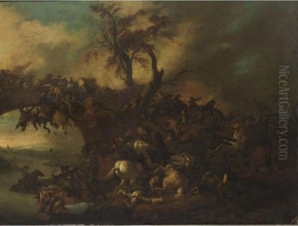 A Cavalry Battle Scene Near A Bridge Oil Painting by Jan von Huchtenburgh