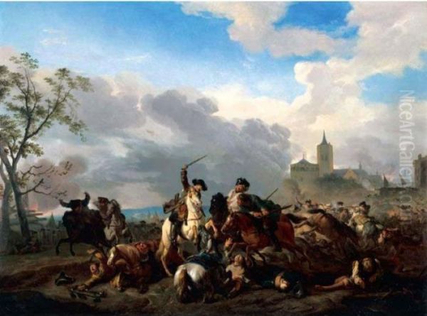 A Battle Scene With Cavalry Skirmishing Before A Walled Town Oil Painting by Jan von Huchtenburgh