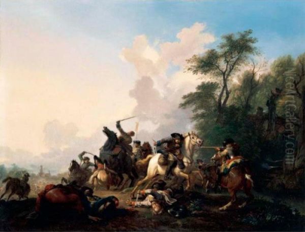 A Cavalry Skirmish In A Wooded Landscape Oil Painting by Jan von Huchtenburgh