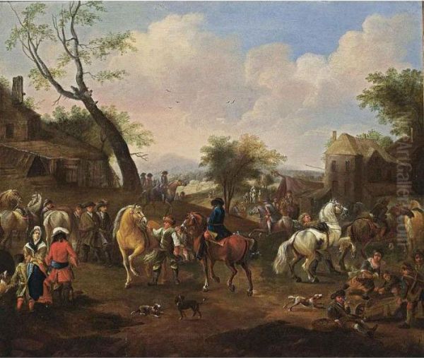 Horsemen Together With Other 
Horses And Soldiers In A Village, Children Playing In The Foreground Oil Painting by Jan von Huchtenburgh