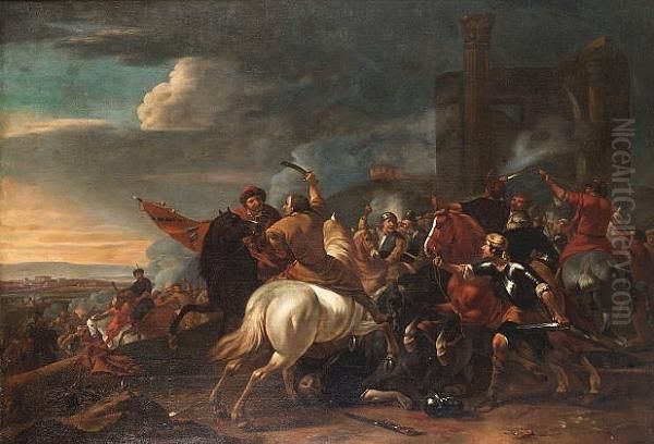 A Cavalry Skirmish Before Ruins by Jan von Huchtenburgh