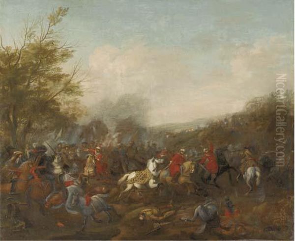 A Cavalry Skirmish Oil Painting by Jan von Huchtenburgh