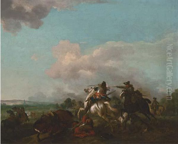 A Cavalry Skirmish Oil Painting by Jan von Huchtenburgh