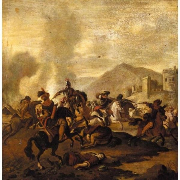 A Cavalry Engagement, Between Turks And Christians, Before A Fortified Town Oil Painting by Jan von Huchtenburgh